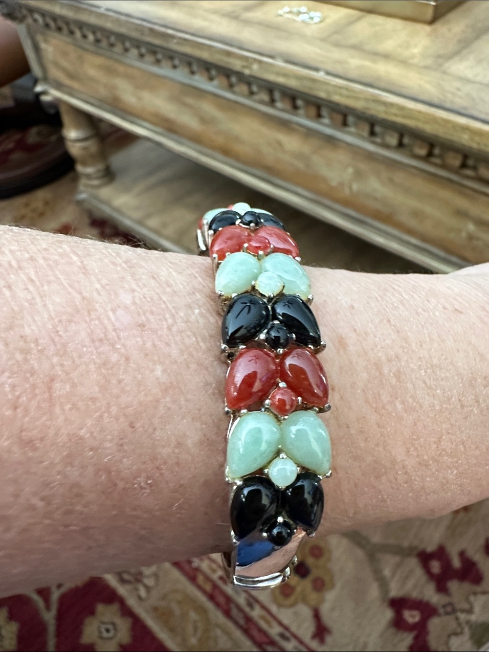 Jay King Coral, Mint & Black Teardrop Jadeite Bracelet